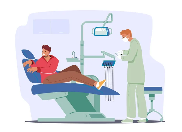 Skrämd man Patient sitter i medicinsk stol i Stomatolog skåp känner rädsla innan tandvård, tänder kontrollera upp — Stock vektor