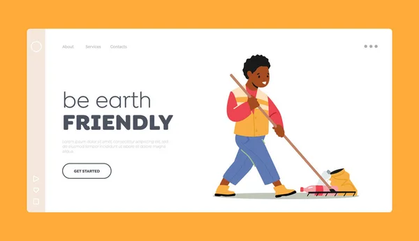 Be Earth Friendly Landing Page Template.Recycling, Ecology Protection, Saving Planet Concept. Boy Removing Trash — Stock Vector