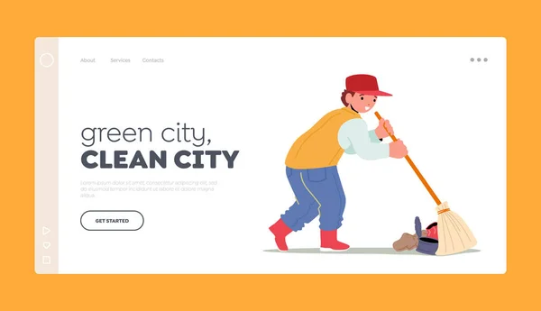 Green City Landing Page Template. Volunteer Child Character Cleaning Garbage Sweeping Ground, Collecting Trash — Stock Vector