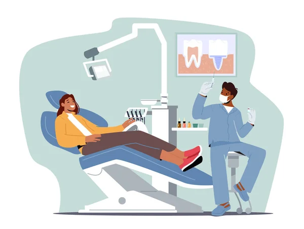 Carácter del doctor dentista que conduce el tratamiento médico de la salud Prepare la anestesia para la mujer paciente sentada en la silla médica — Archivo Imágenes Vectoriales