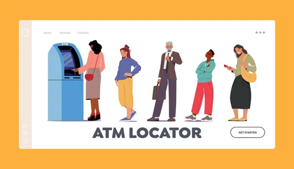Modelo de página de desembarque do localizador de ATM. Linha de máquinas de contador automatizado de pessoas. Personagens de clientes ficam em fila no banco — Vetor de Stock