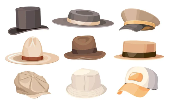 Σύνολο Classic και σύγχρονο ανδρικό Headwear Top Hat κύλινδρο, το φτωχό αγόρι, Boater και τον Παναμά και Μπέιζμπολ ή Cowboy Caps — Διανυσματικό Αρχείο