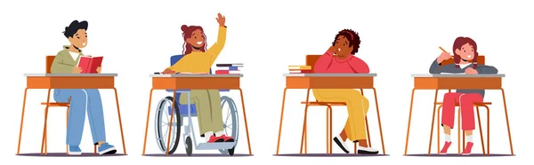 Zdravé a zdravotně postižené děti Studium ve škole, Děti sedí u stolů, postavy na lekci, tělesně postižený chlapec na invalidním vozíku — Stockový vektor