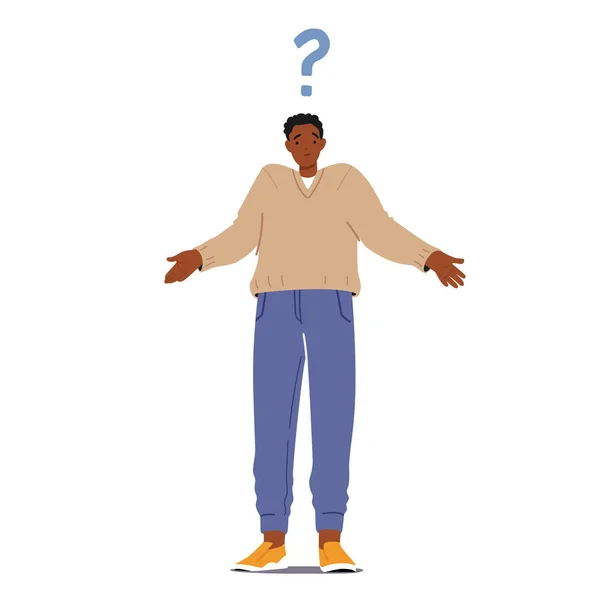 Homem Africano Confuso Encolhe os ombros com um grande ponto de interrogação sobre a cabeça. Confuso, Pessoa curiosa fazendo perguntas, Pensando — Vetor de Stock