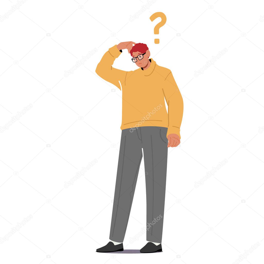 Young Man Scratching Head with Question Mark above Head Isolated on White Background. Male Character Thinking, Asking