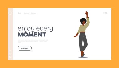 Her Anın İniş Şablonu 'nun tadını çıkar. Mutlu Afrika Kadın El sallayan Karakteri. Genç Olumlu Heyecanlı Kadın