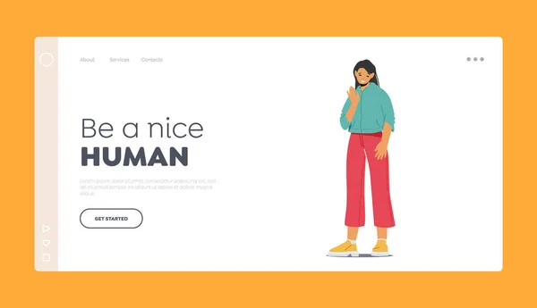 Sé una bonita plantilla de landing page humana. Feliz personaje femenino asiático saludando la mano. Mujer Di Hola, Amigo saludo — Vector de stock