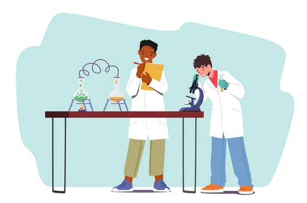 Os rapazes conduzem experiências químicas. Crianças Personagens Estudo Química em Sala de Aula Experimentando em Laboratório com Tubos de Teste —  Vetores de Stock