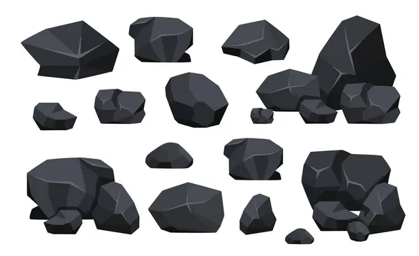 Set Sumber Daya Mineral Hitam Batubara. Potongan Batu Fosil Bentuk Poligonal, Grafit Batu atau Arang. Sumber Daya Energi - Stok Vektor
