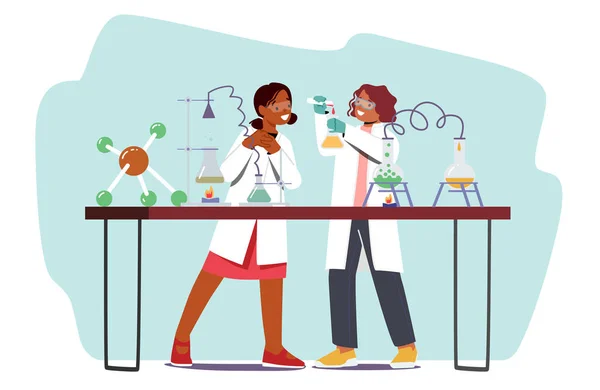 Atividades de Ciência Educacional para Crianças. Personagens de crianças de escola em laboratório conduzem experiências científicas com produtos químicos —  Vetores de Stock