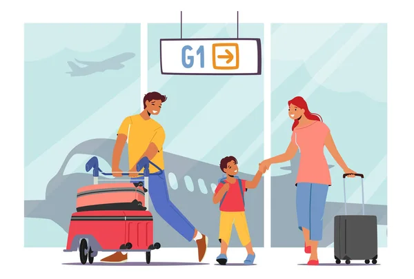 Vater, Mutter und Sohn gemeinsam unterwegs. Familienreisen mit Kind im Sommerurlaub. Eltern und Kind im Flughafen — Stockvektor