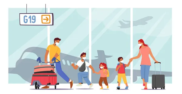 Sommerurlaub für Familien, Reisen mit Kindern. Eltern und Kinder im Gepäckwagen am Flughafen — Stockvektor