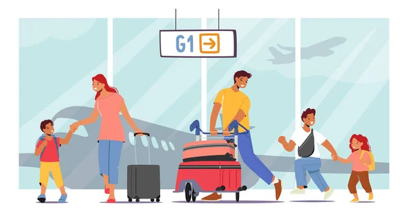 Padres e hijos felices en la terminal del aeropuerto, madre y padre viajan con niños, familia con bolsos caminan hasta el avión — Archivo Imágenes Vectoriales