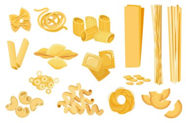 Makarna Türleri Stelle, Filini, Farfalle ve Quadretti 'yi ayarla. Nidi Di Roundine Tagltatelle, Cornetti Rigati veya Penne, Canelone