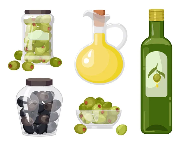 Ensemble de produits d'olive biologiques, olives vertes et noires dans des bocaux en verre, huile en bouteille ou en cruche, fruits mûrs et huile extra vierge — Image vectorielle