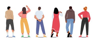 İnsanları Arka Sıraya Yerleştir Görünümü, Erkek Karakterler Moda Giyen Arka Görünümü İzole Edilmiş Beyaz Arkaplan