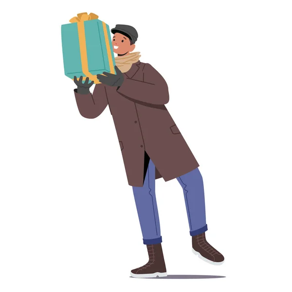 겨울 옷을 입은 행복 한 남자: 선물 상자를 들고 있다. 크리스마스 세일에서 쇼핑하는 남성 캐릭터. 가족을 위해 선물을 사는 사람 — 스톡 벡터