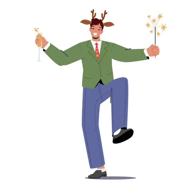 Happy Business Man Celebrate Christmas or New Year Party. Positive Male Character Wear Deer Horns Holding Champagne — Stock Vector