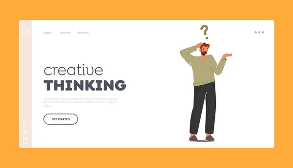 Creative Thinking Landing Page Sablon. Összezavarodott Man Scratch Occiput nagy kérdőjel feje felett, keresés válaszok — Stock Vector