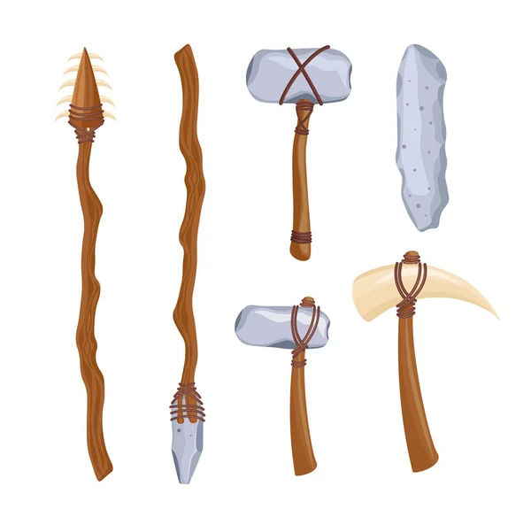 Conjunto de herramientas de la Edad de Piedra, Arqueología Armas antiguas con tiradores de madera y flejes de cuero aislados en blanco — Archivo Imágenes Vectoriales