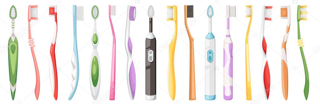 Set of Tooth Brushes, Electric and Common Toothbrushes Dental Care Icons. Clean Mouth Home Equipment, Oral Hygiene Individual Tools Collection Isolated on White Background. Cartoon Vector Illustration
