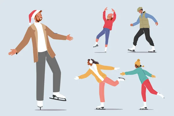 Set de personajes de Hombre y Mujer Patinaje artístico en pista de hielo. Gente feliz Ocio y actividades al aire libre, Deportes de invierno — Archivo Imágenes Vectoriales