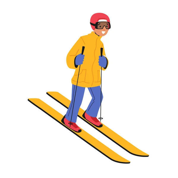 Little Boy Skiing Outdoors Leisure, Winter Sports Activity Isolated on White Background. Child Going Downhill by Skis — Stock Vector