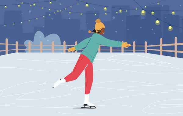 Vacaciones de Navidad Tiempo libre en pista de hielo. Chica africana feliz en ropa abrigada patinaje al aire libre en congelado estanque o parque — Vector de stock