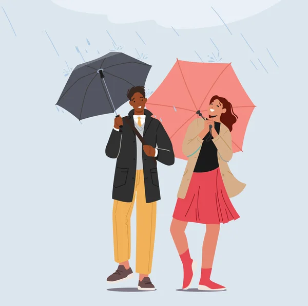 Happy Loving Couple Wandelen in de regenachtige herfst Weer onder paraplu, Jongeren spreken, Genieten van relaties, Liefde — Stockvector