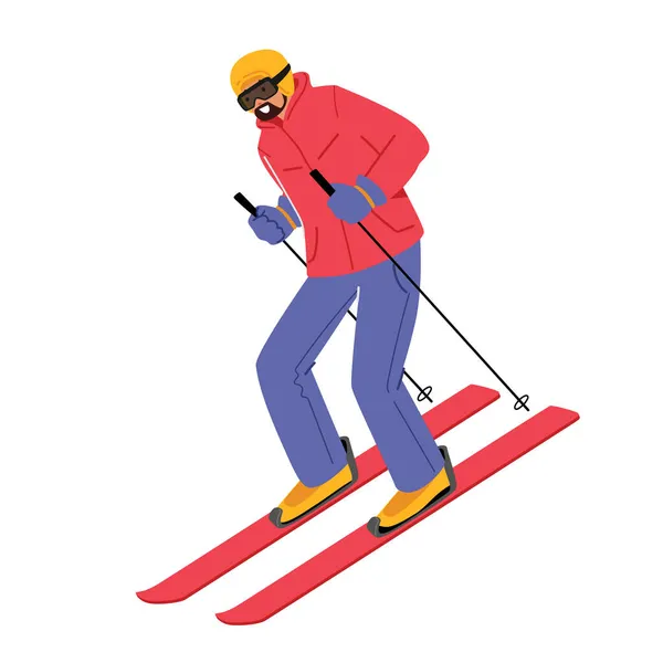 Hombre atleta en ropa abrigada, casco y gafas de sol Esquí aislado sobre fondo blanco. Esquiador montando cuesta abajo en invierno — Vector de stock