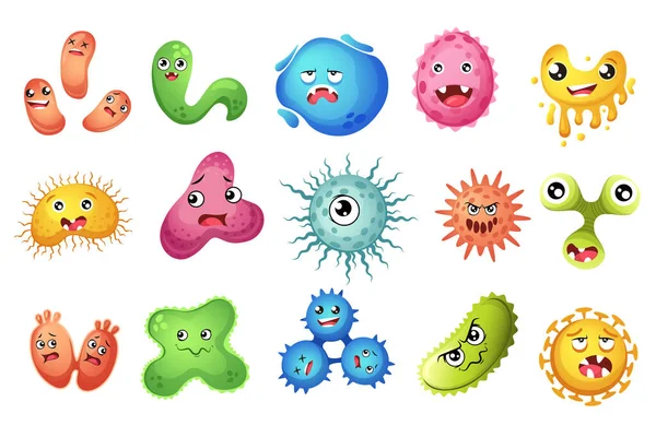 Conjunto de Virus de la Caricatura, Bacterias y Gérmenes Personajes con Caras Divertidas. Monstruos sonrientes de microbios patógenos con ojos grandes — Vector de stock