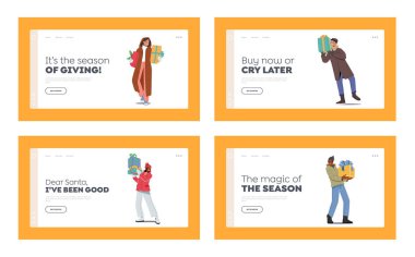 Erkek ve Kadın Karakterler Tatil İniş Şablonu Sunumları Satın Alıyor. Mutlu İnsanlar Hediye Kutularını Tutuyor