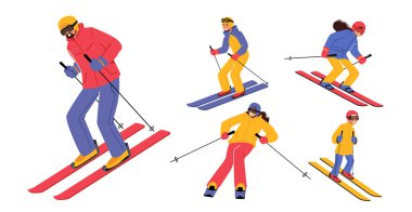 Set Kayakçıları, Kayakçılar Beyaz Arkaplanda İzole Edildi. Kış Sezonu Eğlencesi, Spor Aktivitesi, Slalom Spor Kayak Yarışı