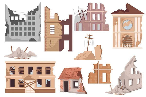 Set de edificios destruidos de la ciudad, destrucción post-apocalíptica de la guerra, infraestructura abandonada de la ciudad. Desastres naturales — Archivo Imágenes Vectoriales