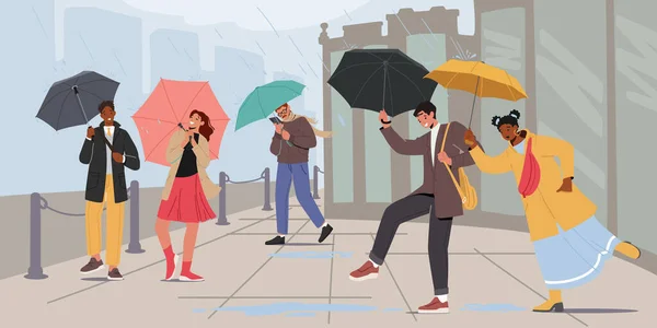 Mensen met paraplu 's wandelen bij regen. Happy Drenched Passerby bij regenachtig herfst- of lenteweer, Characters Walk — Stockvector