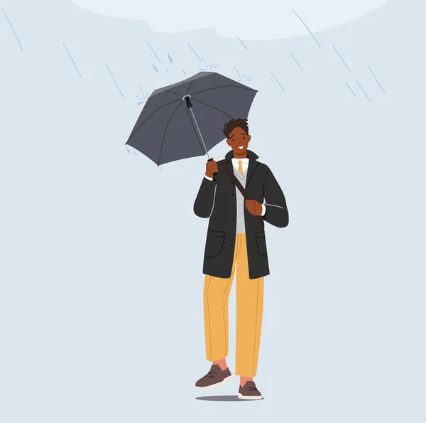Νεαρός Επιχειρηματίας City Dweller με Umbrella Stand under Rain απομονώνονται σε γκρι φόντο. Κακός βροχερός καιρός στην πόλη — Διανυσματικό Αρχείο