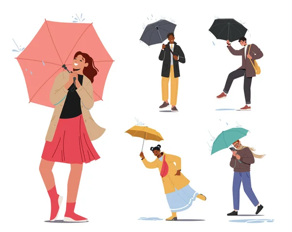 Een verzameling natte mensen op regenachtige herfst- of lenteweerdag. Happy Drenched Passerby Personages met Paraplu 's Wandelen — Stockvector