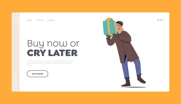 Hombre Personaje Compras en Navidad Venta Landing Page Template. Hombre feliz en ropa de invierno sosteniendo caja de regalo — Archivo Imágenes Vectoriales