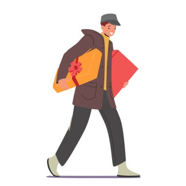 Erkek Karakter Noel ve Kış Tatilleri Kutlaması için hazır. Mutlu Adam Büyük Hediye Kutusunu Şenlik Yayı ile Sarılı Taşır