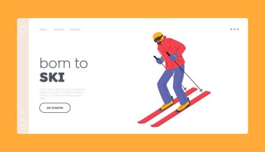 Kayak sporu etkinliği iniş sayfası şablonu. Sıcak giysili atlet, kask ve güneş gözlüklü kayak. Kayakçı İniyor