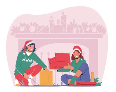 Kadınlar Noel ve Yeni Yıl kutlamaları, ambalaj kutuları için Noel süveteri ve Noel şapkaları giyer.