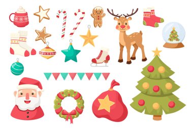 Noel ağacı seti, Şenlik Çelengi, Şeker Çubuğu. Geyik, Çuval ve Noel Baba, Sıcak içecek, Zencefilli Adam