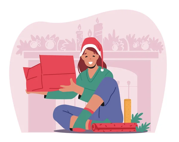 Mutlu Kız Aile Paketi Paketleri için Dekoratif Kağıt Hazırlama Hediyesi. Yeni Yıl için Kadın Karakterler Paketleme Hediyeleri — Stok Vektör