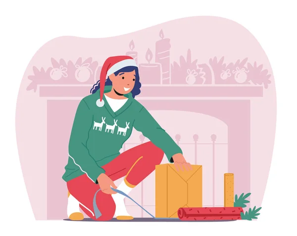 Женщина упаковывает коробку с декоративной бумагой и бантом. Женский персонаж носить Рождественский свитер и Санта-Клаус шляпа Упаковка подарков — стоковый вектор