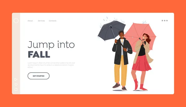 Happy Couple Walking bij Fall Landing Page Template. Mensen bij regenachtig herfstweer onder paraplu, Karakters Ontspannend — Stockvector