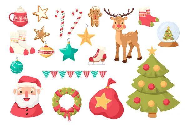 Set of Christmas Fir-tree, Festive Wreath, Candy Cane. Deer, Sack with Gifts and Santa Claus, Hot Drink, Gingerbread Man — Stock Vector