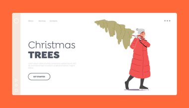 Kışlık Giysili Mutlu Kız Ağaç İniş Şablonu Taşıyor. Noel Tatili Hazırlık, Yeni Yıl ve Noel Arifesi