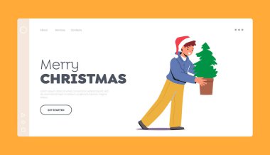 Mutlu Noeller İniş Sayfası Şablonu. Küçük çocuk Noel Baba şapkası takıyor, saksıda fidan ağacı taşıyor. Sıfır Atık Xmas kavramı