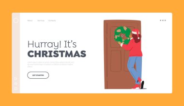 Xmas Tatil Hazırlama İniş Sayfa Şablonu. Noel Şapkalı Genç Kız Ev Kapısına Noel Çelengi Asar