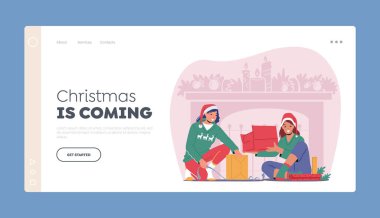 Karton İniş Sayfa Şablonlu Kadın Paketleri. Kadın karakterler Xmas kazakları giyer ve Noel Baba Şapkaları hediye paketler.